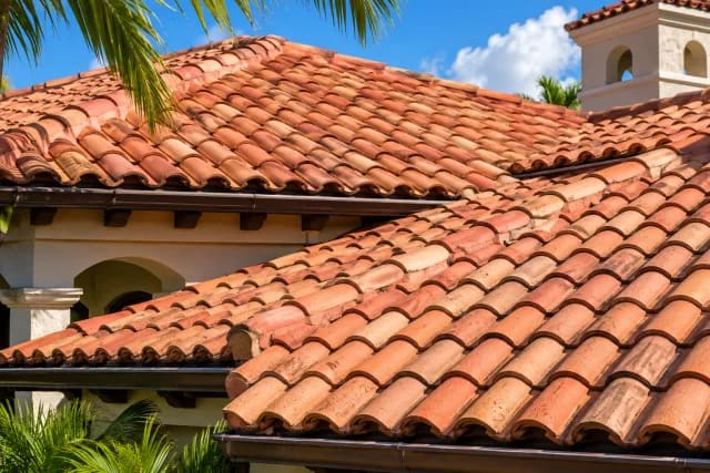 Close-up of terracotta clay barrel tile roof with a palm frond in the upper corner.