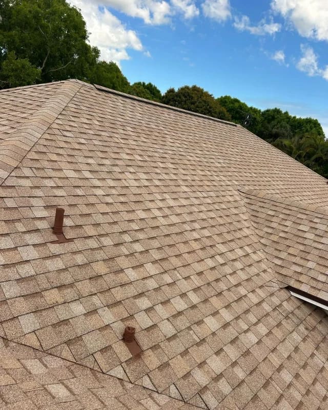 Close-up of a finished tan architectural shingle roof with visible texture and roof vents.